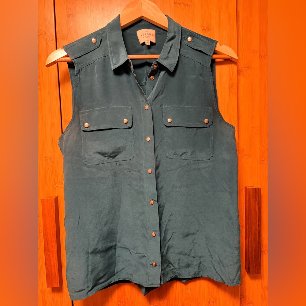 Sezane Teal Green Button-Up Silk Blouse